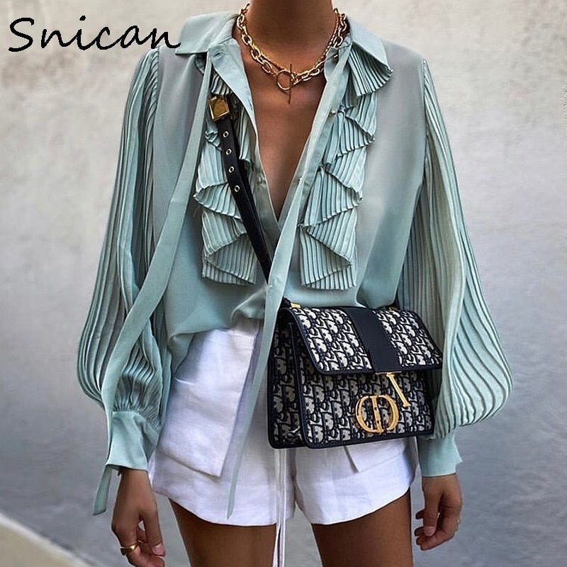 SNICAN Pleated Long or Short Sleeve Cascading Ruffle Blouse - My She Shop