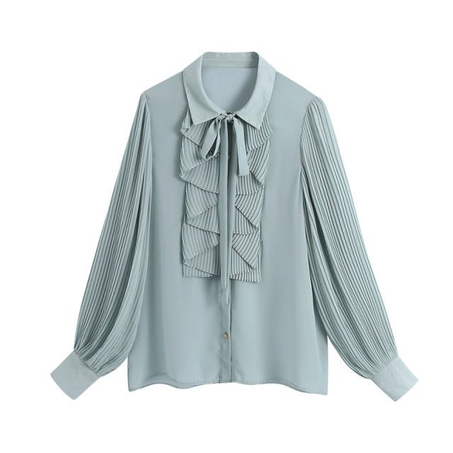 SNICAN Pleated Long or Short Sleeve Cascading Ruffle Blouse - My She Shop