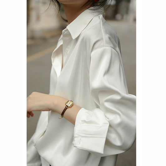 Soft Sleek Satin Button Down Long Sleeve Cuff Blouse - My She Shop