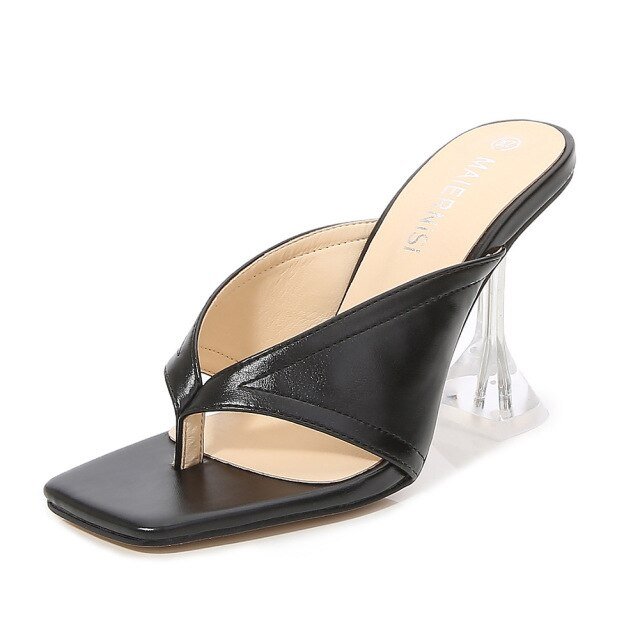 Square Toe High Heel Open Toe Sandal Slide Shoes - My She Shop