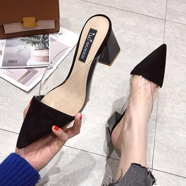 Suede Mule Style Pointed Toe Square Mid Heel Shoes - My She Shop