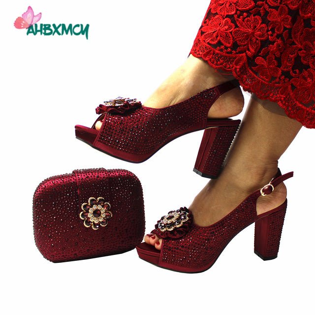 Sultry Floral Rhinestone Platform Peep Toe High Heel Slingback Shoes with Matching Bag - My She Shop