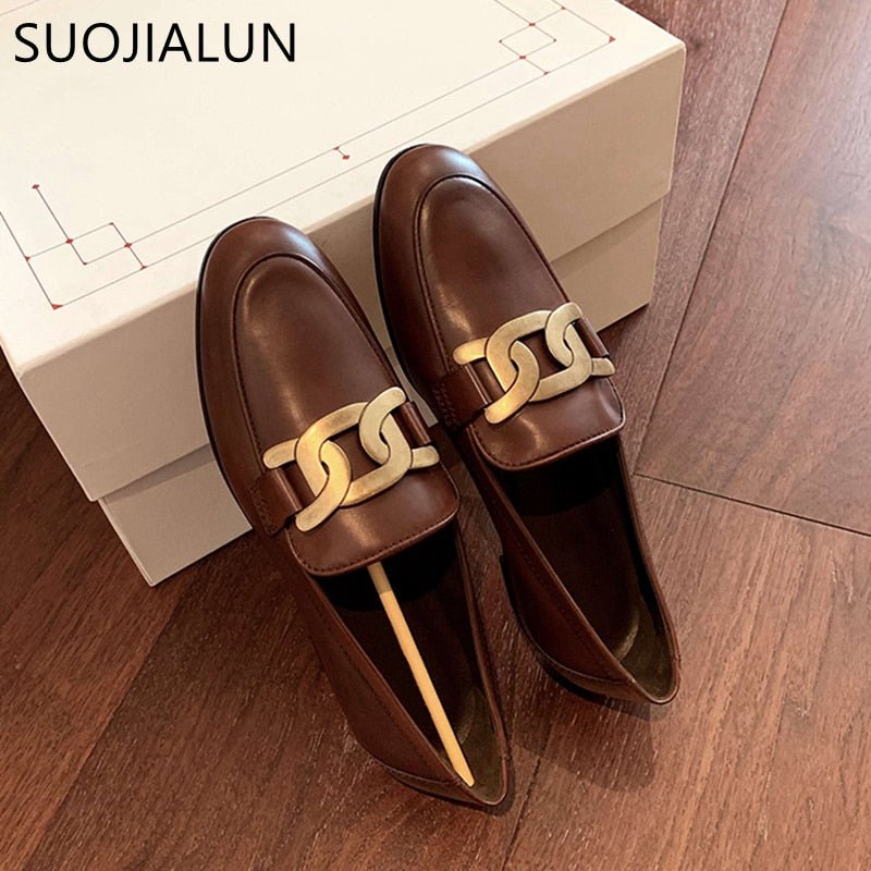 SUOJIALUN Chain Link Faux Leather Loafer Style Shoes - My She Shop