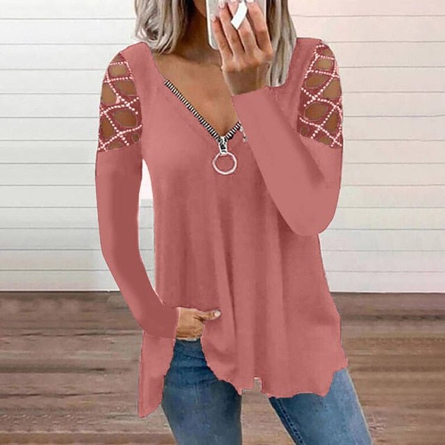 Super Cute Zipper V-Neck Long Sleeve Hollow Out Retro Plus Size Shirt - My She Shop