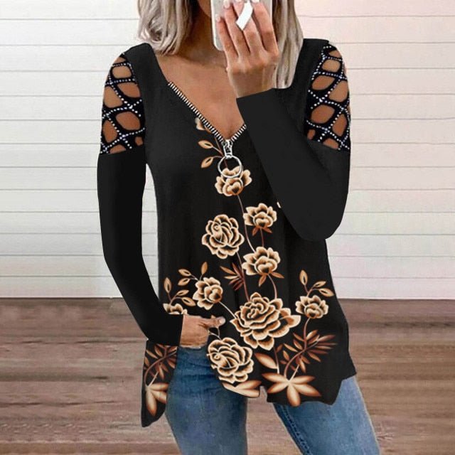 Super Cute Zipper V-Neck Long Sleeve Hollow Out Retro Plus Size Shirt - My She Shop