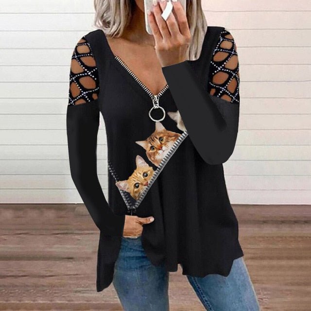 Super Cute Zipper V-Neck Long Sleeve Hollow Out Retro Plus Size Shirt - My She Shop