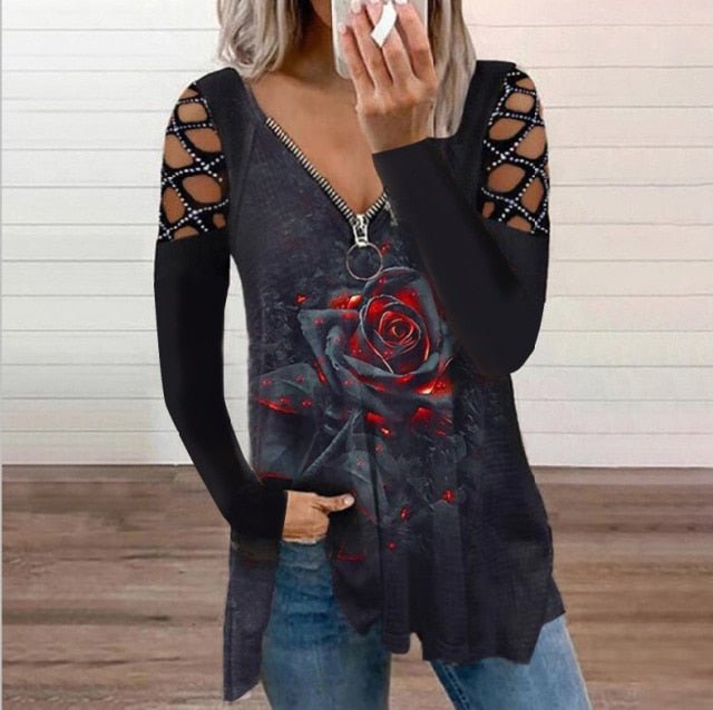 Super Cute Zipper V-Neck Long Sleeve Hollow Out Retro Plus Size Shirt - My She Shop