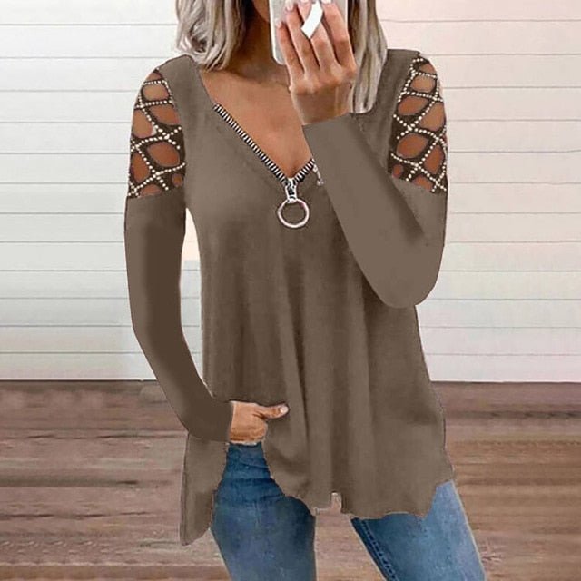 Super Cute Zipper V-Neck Long Sleeve Hollow Out Retro Plus Size Shirt - My She Shop