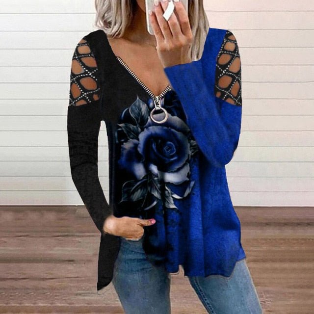 Super Cute Zipper V-Neck Long Sleeve Hollow Out Retro Plus Size Shirt - My She Shop