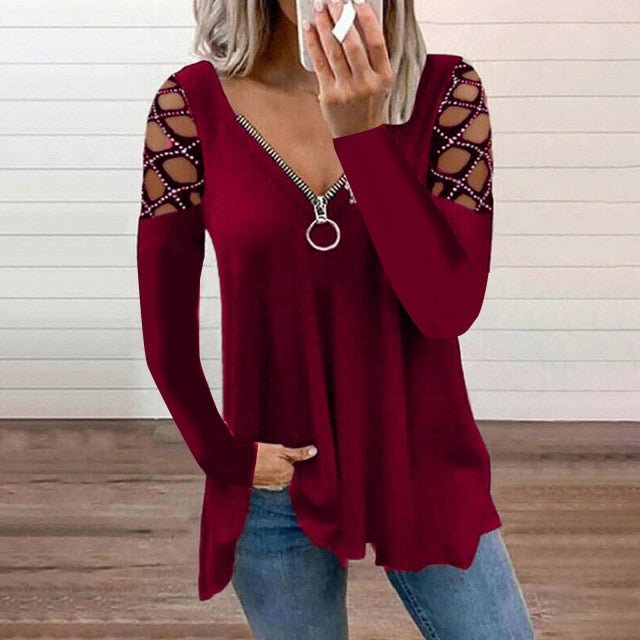 Super Cute Zipper V-Neck Long Sleeve Hollow Out Retro Plus Size Shirt - My She Shop