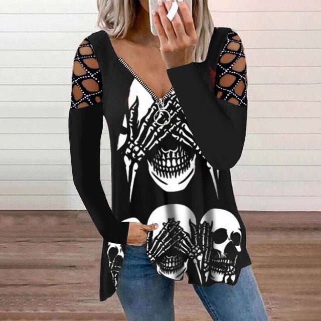 Super Cute Zipper V-Neck Long Sleeve Hollow Out Retro Plus Size Shirt - My She Shop