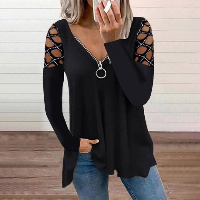 Super Cute Zipper V-Neck Long Sleeve Hollow Out Retro Plus Size Shirt - My She Shop