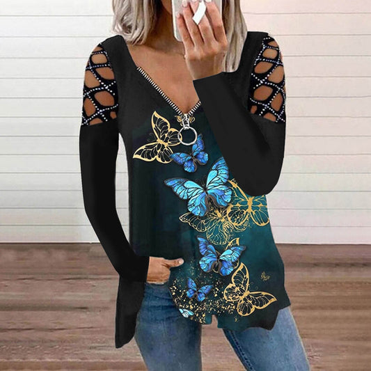 Super Cute Zipper V-Neck Long Sleeve Hollow Out Retro Plus Size Shirt - My She Shop