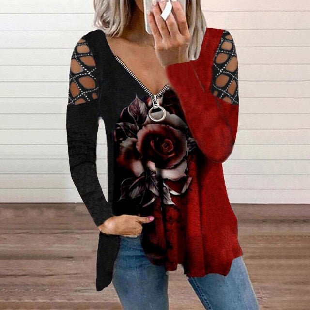 Super Cute Zipper V-Neck Long Sleeve Hollow Out Retro Plus Size Shirt - My She Shop