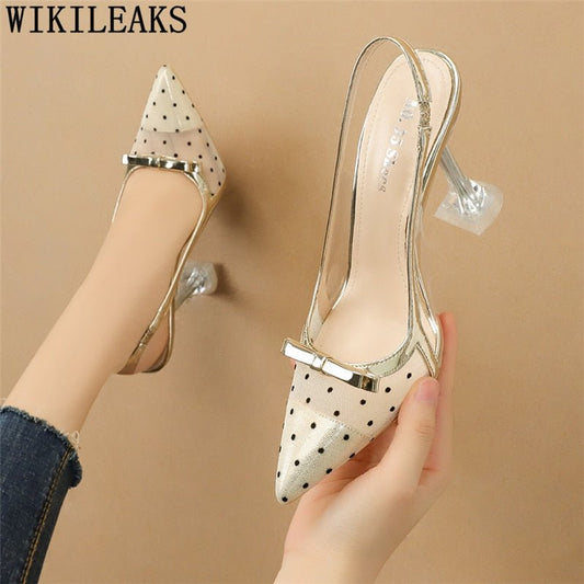 Superb Slingback Pointed Toe Polka Dot Mesh Multi-Choice Heel Shoes - My She Shop