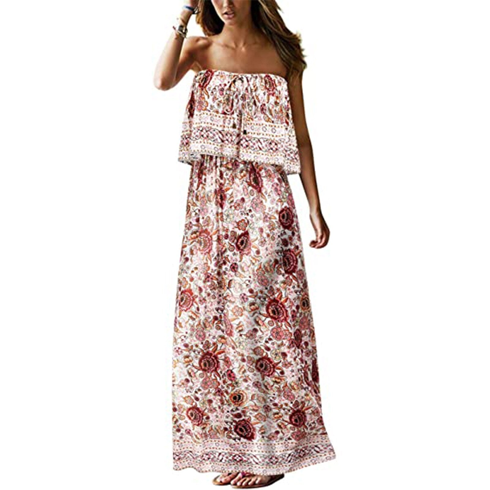 Superb Strapless Floral Design Beach or Cruise Maxi Dress - My She Shop