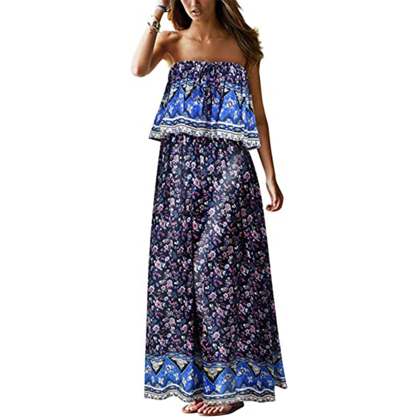 Superb Strapless Floral Design Beach or Cruise Maxi Dress - My She Shop