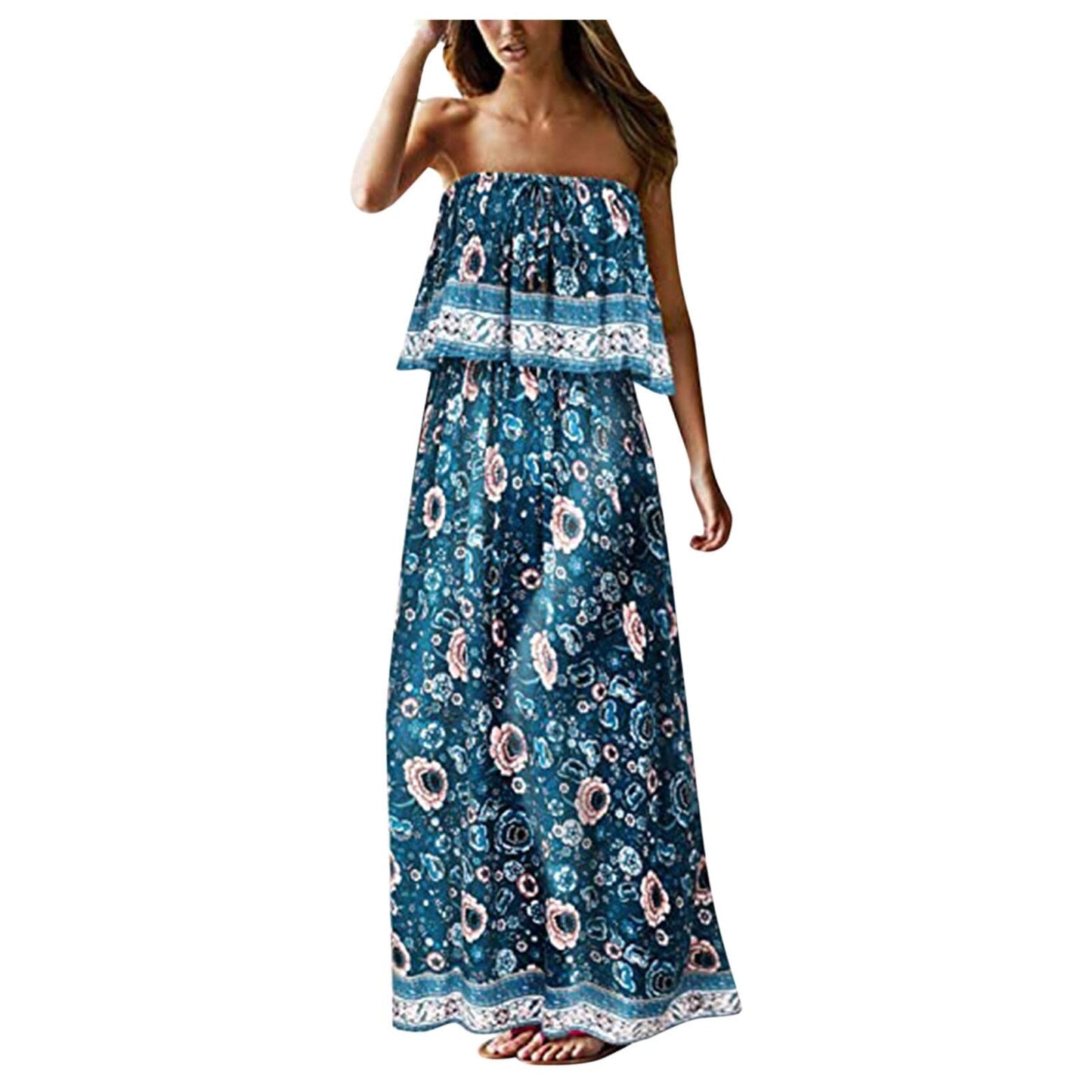 Superb Strapless Floral Design Beach or Cruise Maxi Dress - My She Shop