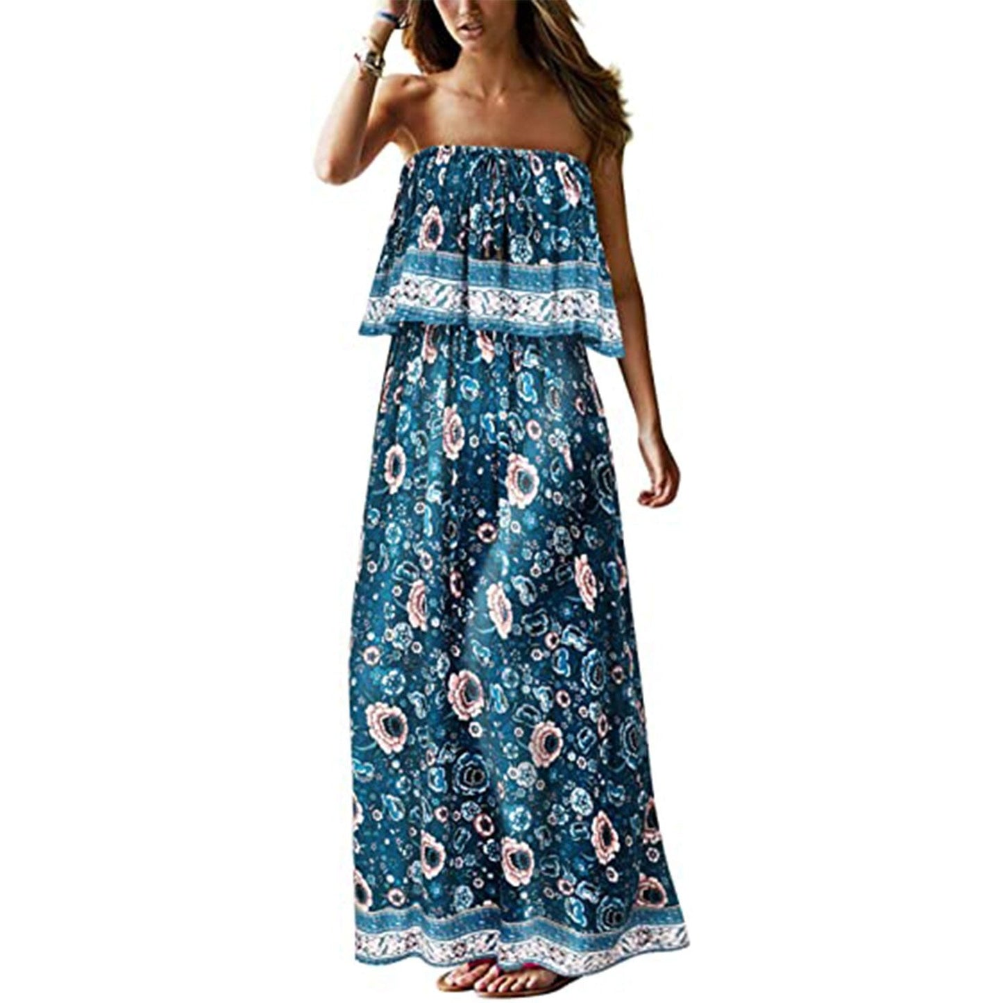 Superb Strapless Floral Design Beach or Cruise Maxi Dress - My She Shop