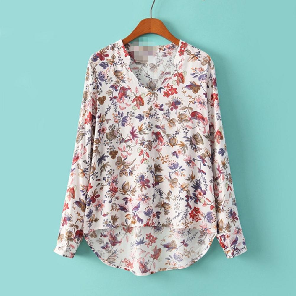 Supple Cotton Chiffon V-Neck Long Sleeve Pull-Over Blouse - My She Shop