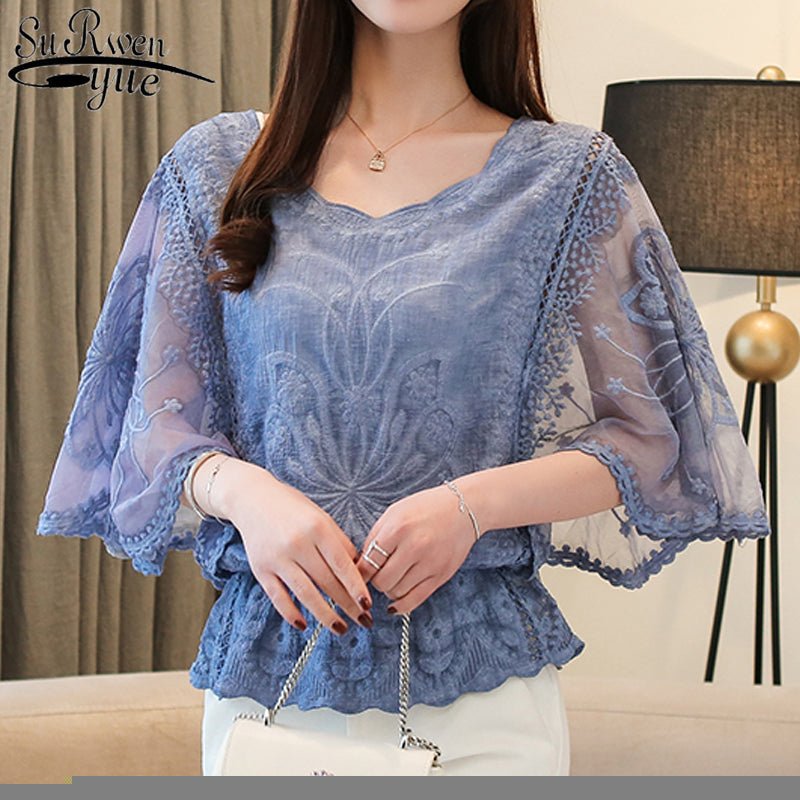 SURWENYUE Petal Sleeve Chiffon Lace Top - My She Shop