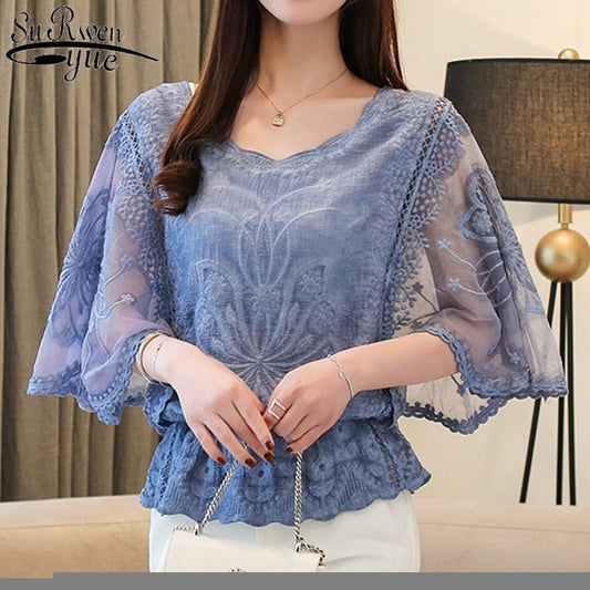 SURWENYUE Petal Sleeve Chiffon Lace Top - My She Shop