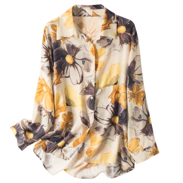 SUYADREAM 100% Silk Chiffon Print Long Sleeve Drop Shoulder Loose Blouse - My She Shop