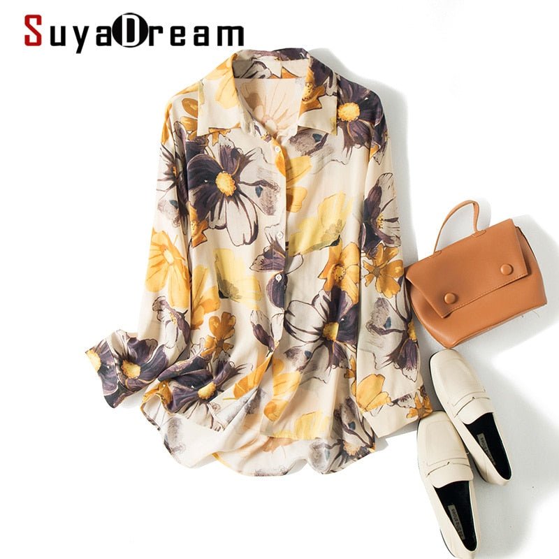 SUYADREAM 100% Silk Chiffon Print Long Sleeve Drop Shoulder Loose Blouse - My She Shop