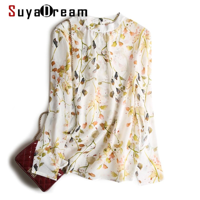 SUYADREAM Pure Silk Chiffon Floral Print Stand-Up Collar Blouse - My She Shop