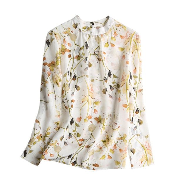 SUYADREAM Pure Silk Chiffon Floral Print Stand-Up Collar Blouse - My She Shop