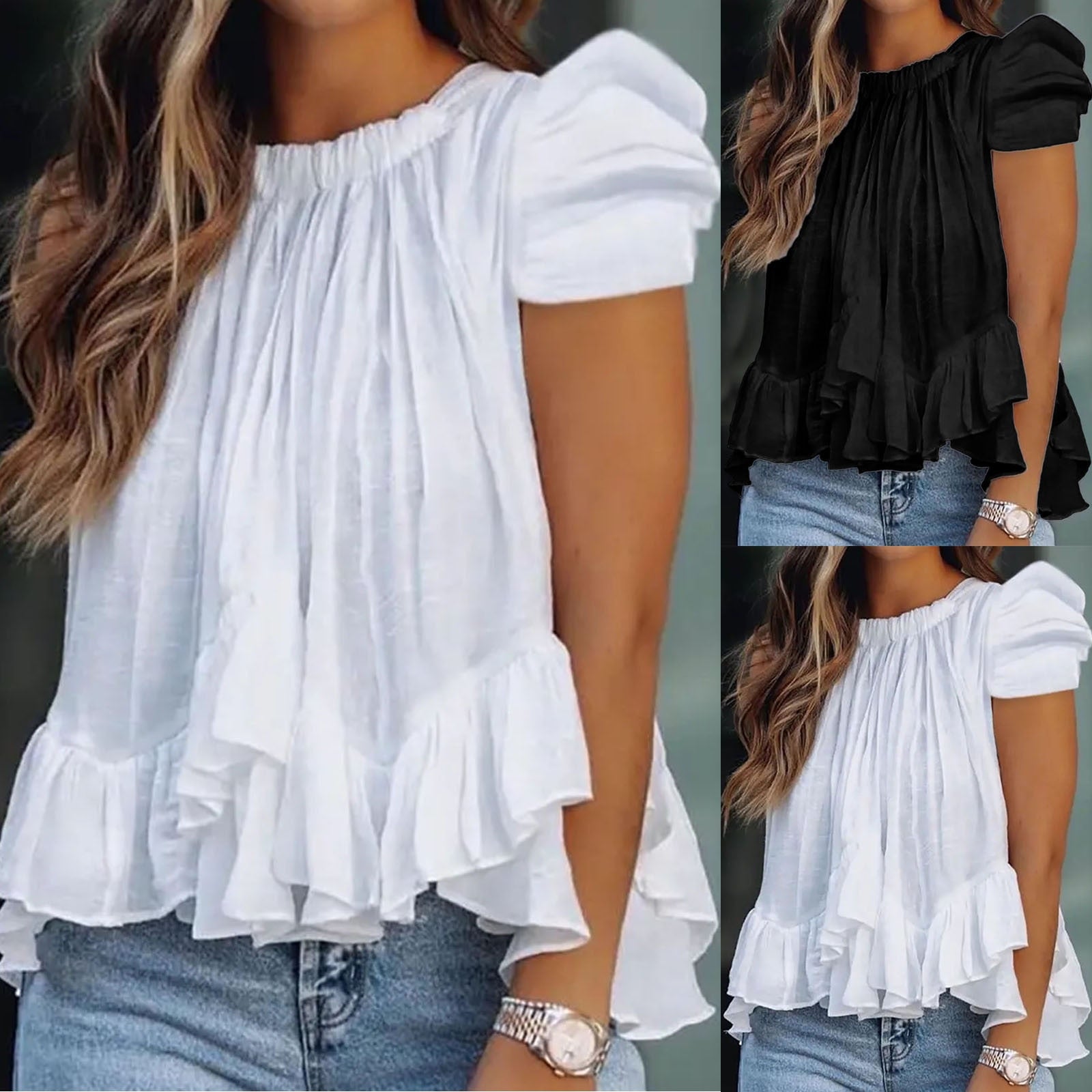 Sweet Cropped Ruffle Loose Multi-Choice Sleeve Top - My She Shop