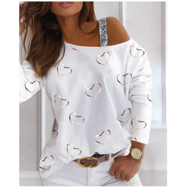 Sweet Heart Print Cotton Blend O-Neck Off-Shoulder Loose Mid Sleeve Shirt - My She Shop