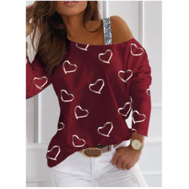 Sweet Heart Print Cotton Blend O-Neck Off-Shoulder Loose Mid Sleeve Shirt - My She Shop