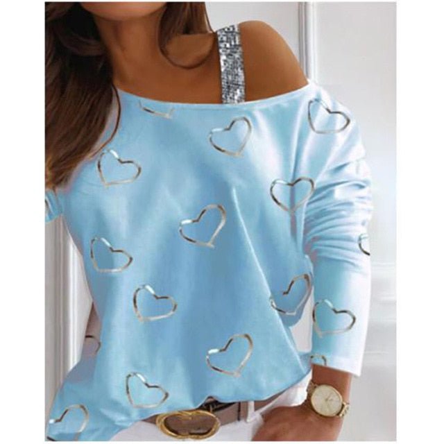 Sweet Heart Print Cotton Blend O-Neck Off-Shoulder Loose Mid Sleeve Shirt - My She Shop