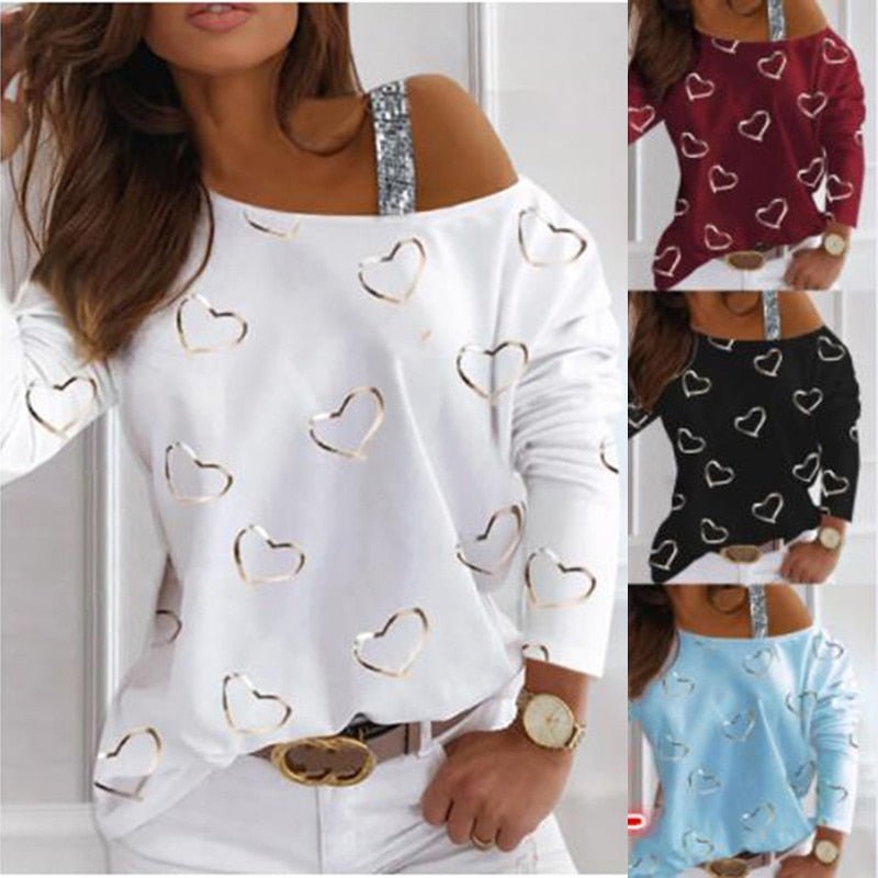 Sweet Heart Print Cotton Blend O-Neck Off-Shoulder Loose Mid Sleeve Shirt - My She Shop