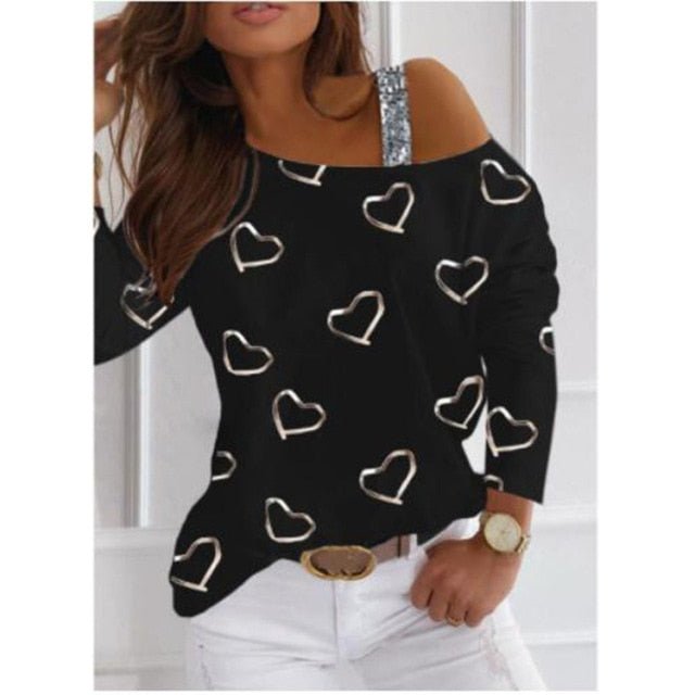 Sweet Heart Print Cotton Blend O-Neck Off-Shoulder Loose Mid Sleeve Shirt - My She Shop