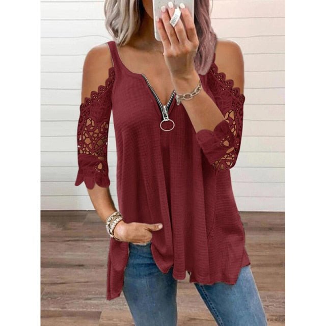 Sweet Petal Sleeve Off-Shoulder Lace Zipper Neck Poly Blend Befree Shirt - My She Shop