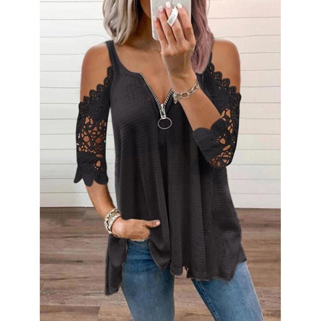 Sweet Petal Sleeve Off-Shoulder Lace Zipper Neck Poly Blend Befree Shirt - My She Shop