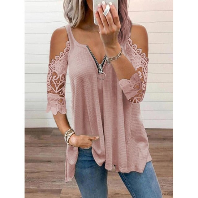 Sweet Petal Sleeve Off-Shoulder Lace Zipper Neck Poly Blend Befree Shirt - My She Shop