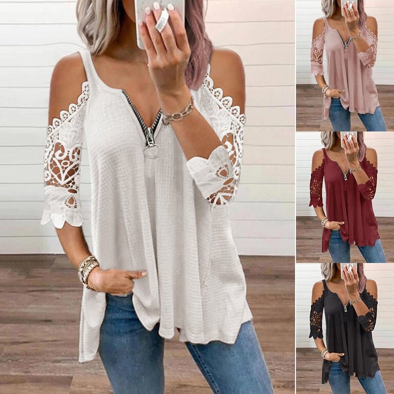 Sweet Petal Sleeve Off-Shoulder Lace Zipper Neck Poly Blend Befree Shirt - My She Shop