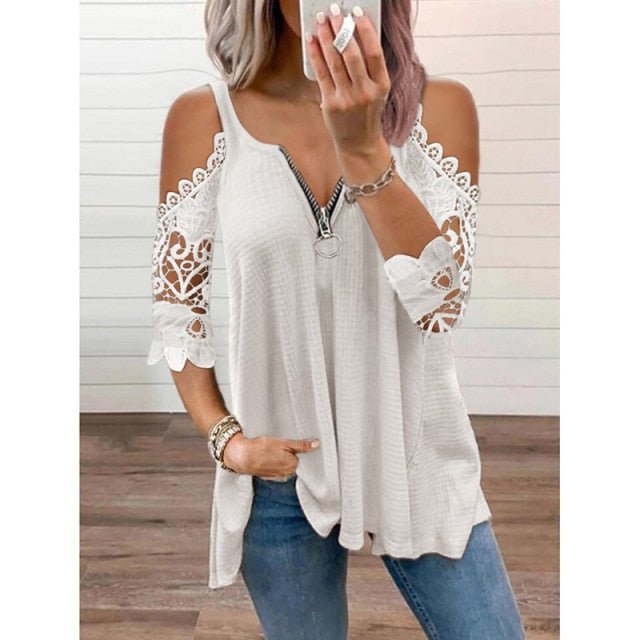 Sweet Petal Sleeve Off-Shoulder Lace Zipper Neck Poly Blend Befree Shirt - My She Shop