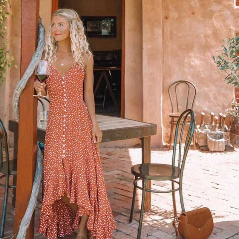 Sweet Polka Dot Print High-Low Hem Maxi Dress - My She Shop