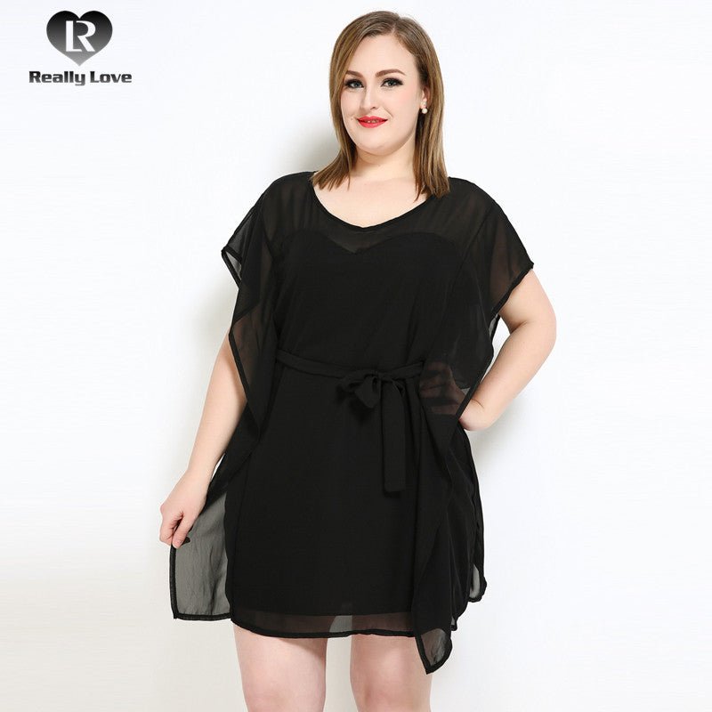 Sweet Solid Color Chiffon Waist Belt Short Sleeve Plus Size Dress - My She Shop