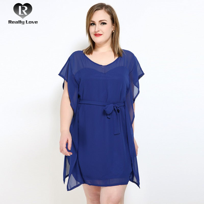 Sweet Solid Color Chiffon Waist Belt Short Sleeve Plus Size Dress - My She Shop