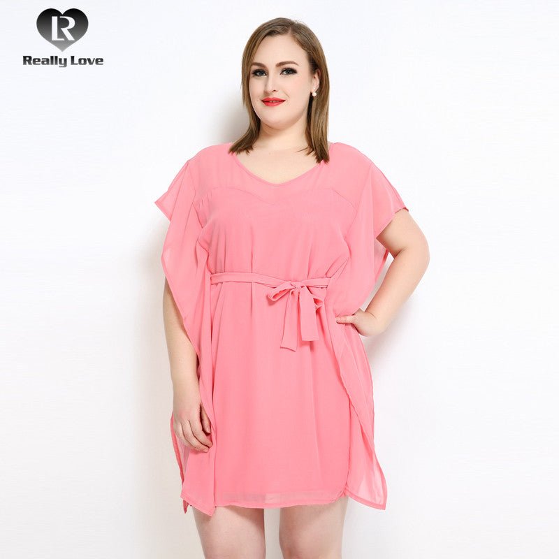 Sweet Solid Color Chiffon Waist Belt Short Sleeve Plus Size Dress - My She Shop