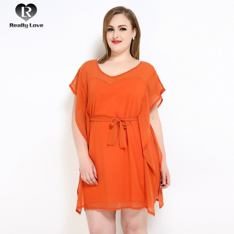 Sweet Solid Color Chiffon Waist Belt Short Sleeve Plus Size Dress - My She Shop