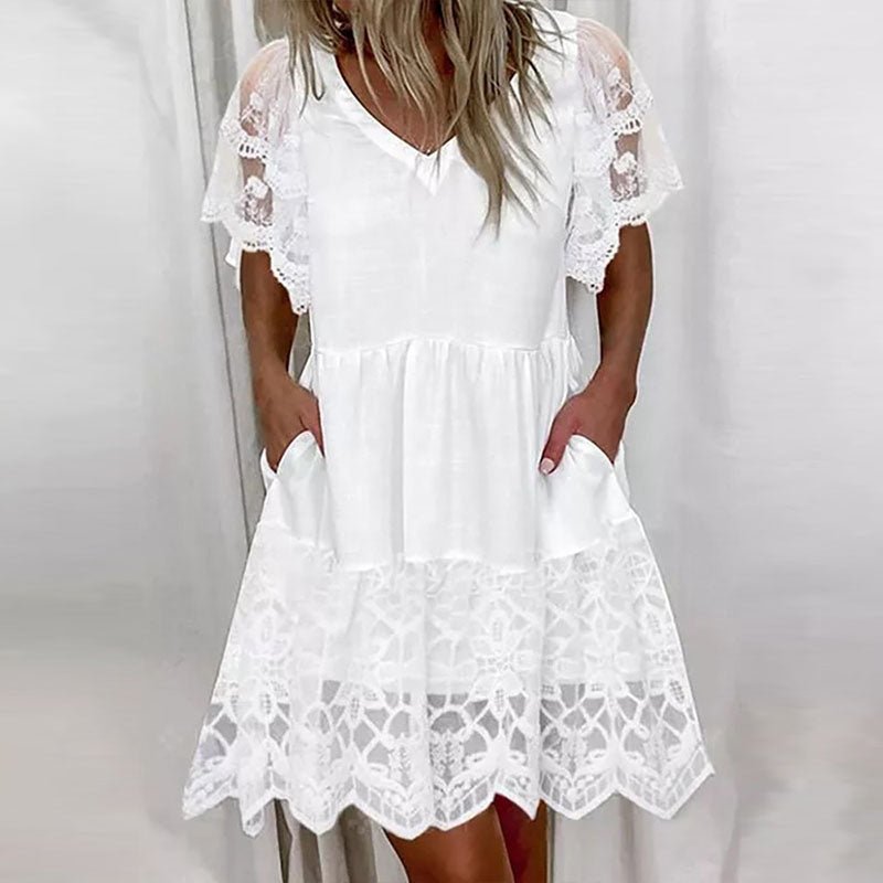 UNIBLU Lovely White Lace Pocket Cotton Blend Mini Dress - My She Shop