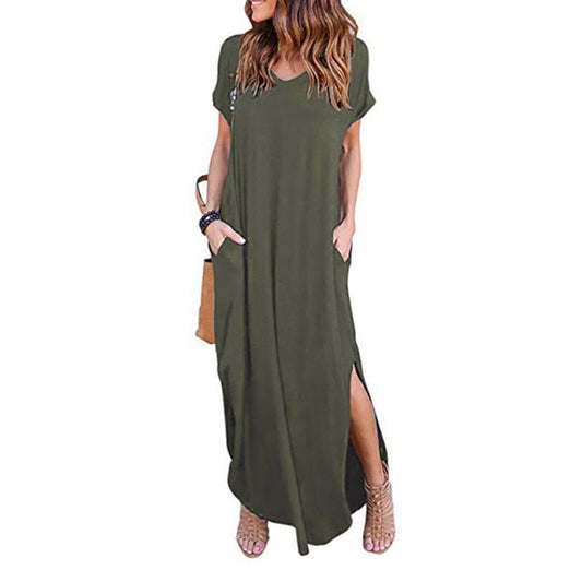 URSPORTTECH Casual Short Sleeve Side Slit Pocket Maxi Dress - My She Shop