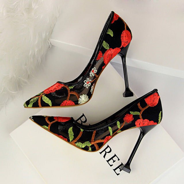 Valentine Embroidered Air Mesh High Thin Heel Stiletto Shoes - My She Shop