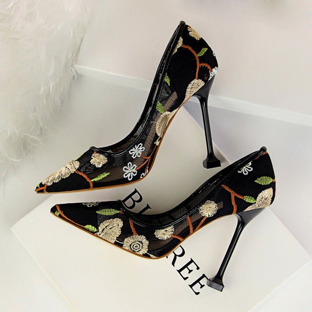 Valentine Embroidered Air Mesh High Thin Heel Stiletto Shoes - My She Shop